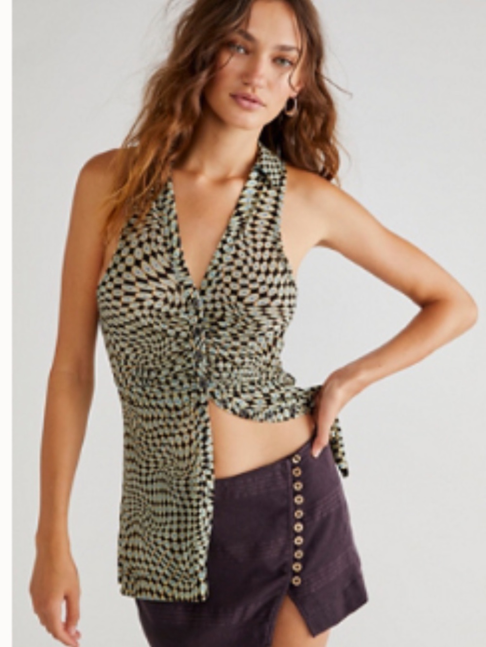 🌀 Free People Mesh Ruched Sleeveless Top XS Geometric Print